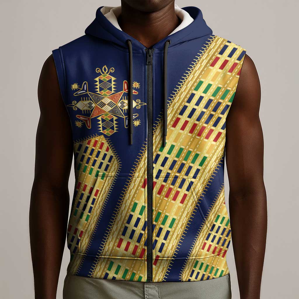 Habesha Kemis Inspired Tilet Pattern Sleeveless Zip Hoodie Royal Blue - Gold