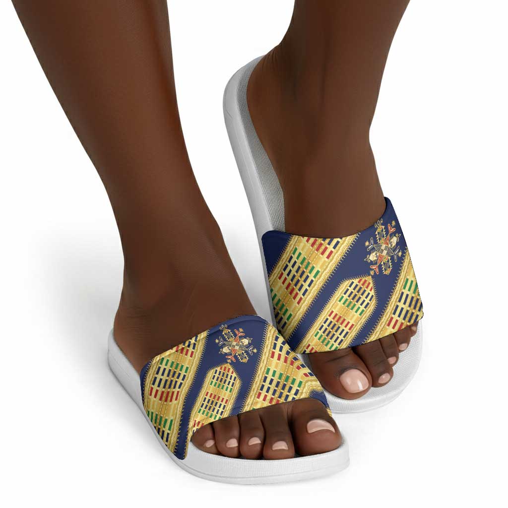 Habesha Kemis Inspired Tilet Pattern Slide Sandals Royal Blue - Gold