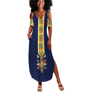 Habesha Kemis Inspired Tilet Pattern Summer Maxi Dress Royal Blue - Gold