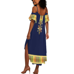 Habesha Kemis Inspired Tilet Pattern Summer Maxi Dress Royal Blue - Gold