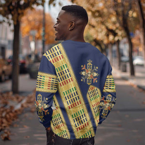 Habesha Kemis Inspired Tilet Pattern Sweatshirt Royal Blue - Gold