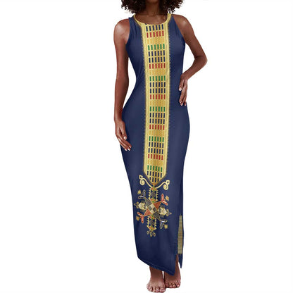 Habesha Kemis Inspired Tilet Pattern Tank Maxi Dress Royal Blue - Gold