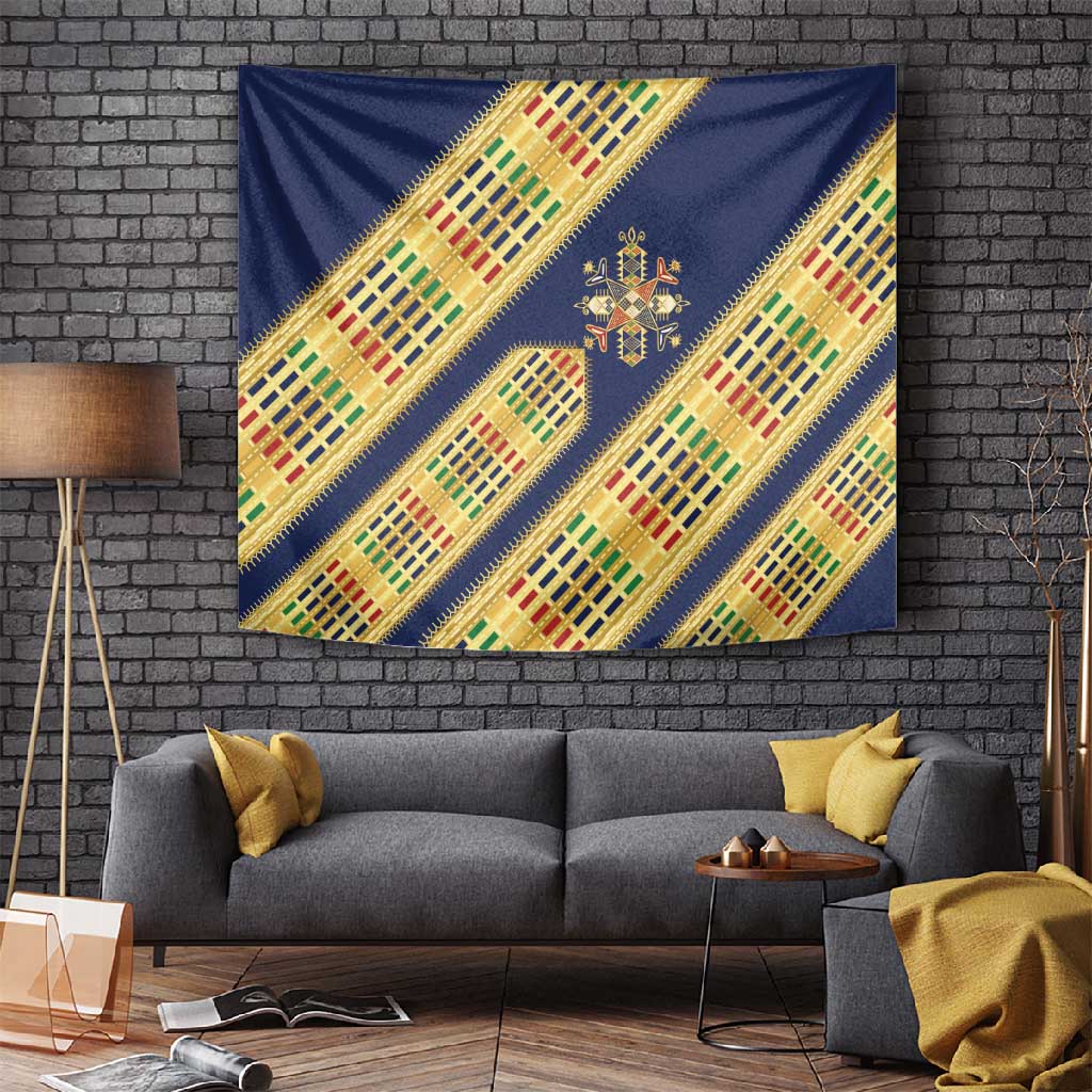 Habesha Kemis Inspired Tilet Pattern Tapestry Royal Blue - Gold