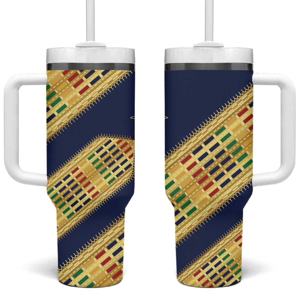 Habesha Kemis Inspired Tilet Pattern Tumbler With Handle Royal Blue - Gold