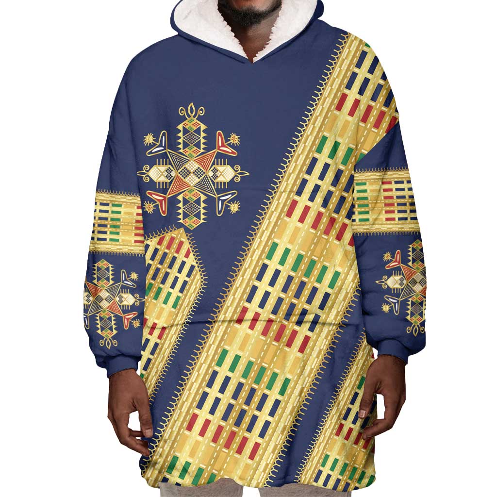 Habesha Kemis Inspired Tilet Pattern Wearable Blanket Hoodie Royal Blue - Gold