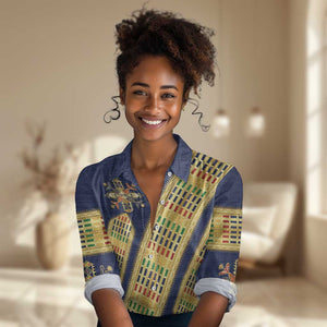 Habesha Kemis Inspired Tilet Pattern Women Casual Shirt Royal Blue - Gold