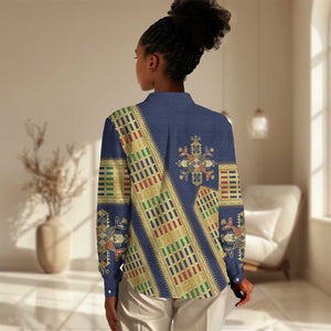 Habesha Kemis Inspired Tilet Pattern Women Casual Shirt Royal Blue - Gold