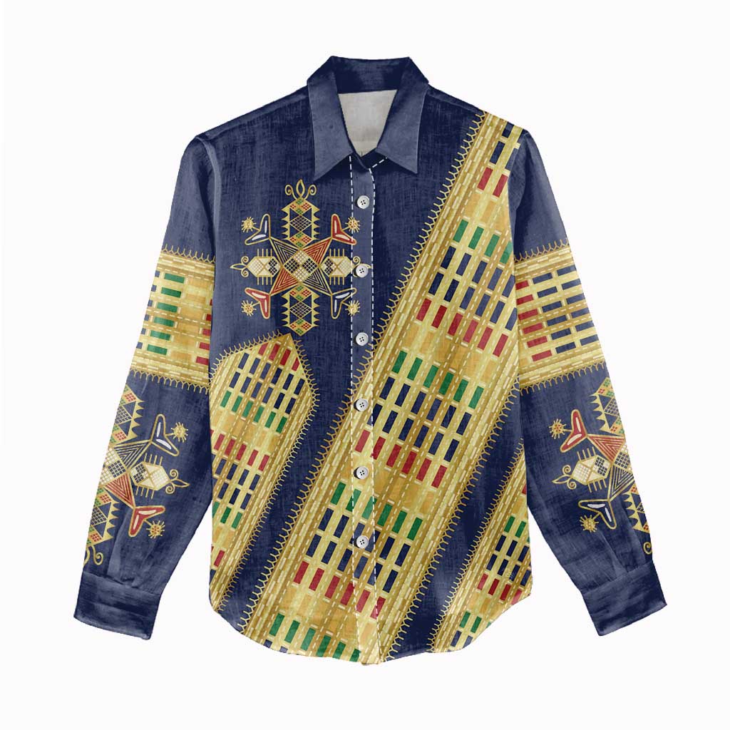 Habesha Kemis Inspired Tilet Pattern Women Casual Shirt Royal Blue - Gold