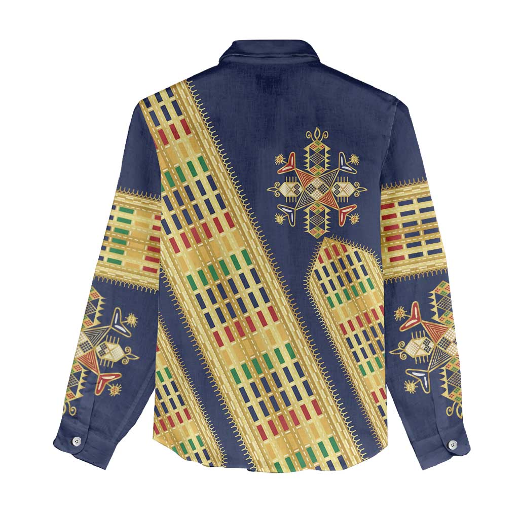 Habesha Kemis Inspired Tilet Pattern Women Casual Shirt Royal Blue - Gold
