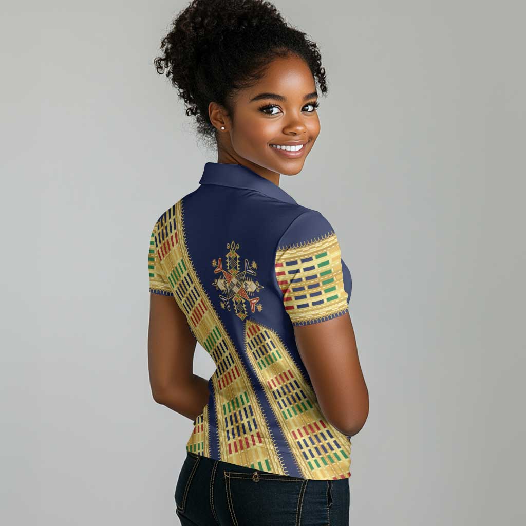 Habesha Kemis Inspired Tilet Pattern Women Polo Shirt Royal Blue - Gold