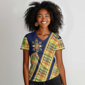 Habesha Kemis Inspired Tilet Pattern Women V-Neck T-Shirt Royal Blue - Gold