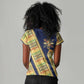 Habesha Kemis Inspired Tilet Pattern Women V-Neck T-Shirt Royal Blue - Gold