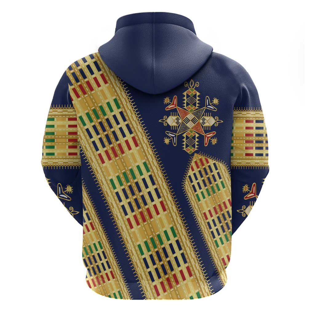 Habesha Kemis Inspired Tilet Pattern Zip Hoodie Royal Blue - Gold