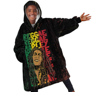 Reggae King Marley KId Wearable Blanket Hoodie Typeset Grunge Style
