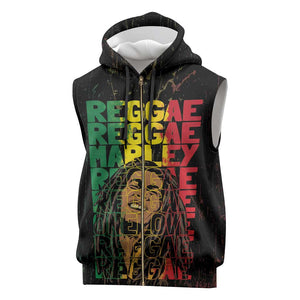Reggae King Marley Sleeveless Zip Hoodie Typeset Grunge Style - African Pride