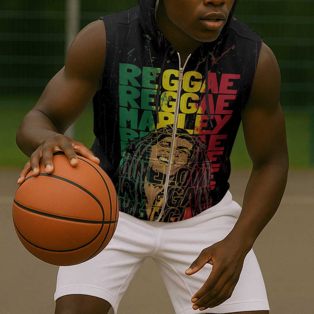 Reggae King Marley Sleeveless Zip Hoodie Typeset Grunge Style - African Pride