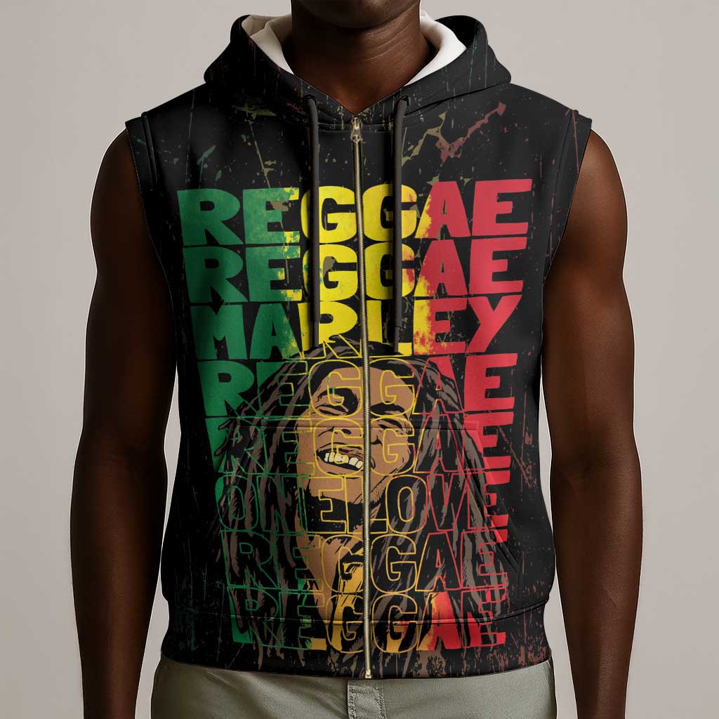 Reggae King Marley Sleeveless Zip Hoodie Typeset Grunge Style - African Pride
