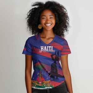 Afro-Haiti Football Personalized Les Grenadiers Women V-Neck T-Shirt Echoes of History - African Pride