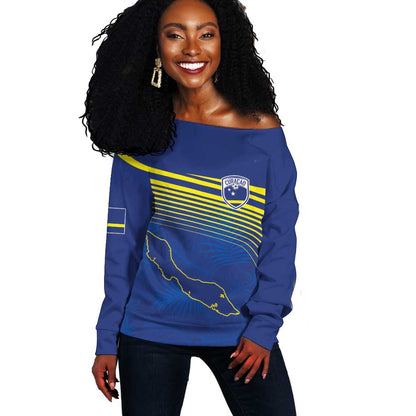 Afro-Curacao Football Custom Off Shoulder Sweater Korsou Blue Wave - Making History - African Pride