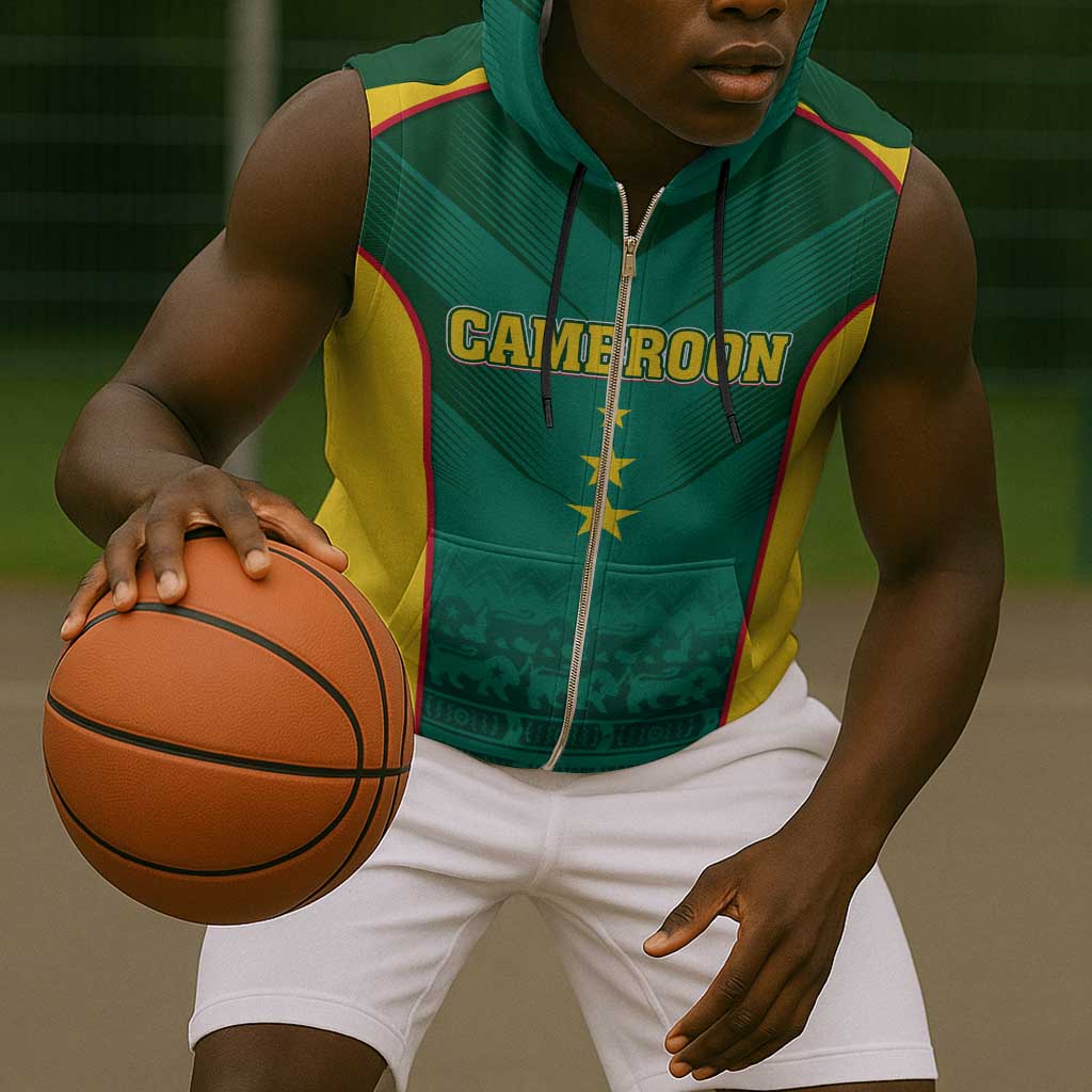 Custom Cameroon Football Sleeveless Zip Hoodie Nations Cup 2024 Les Lions Indomptables - African Pride