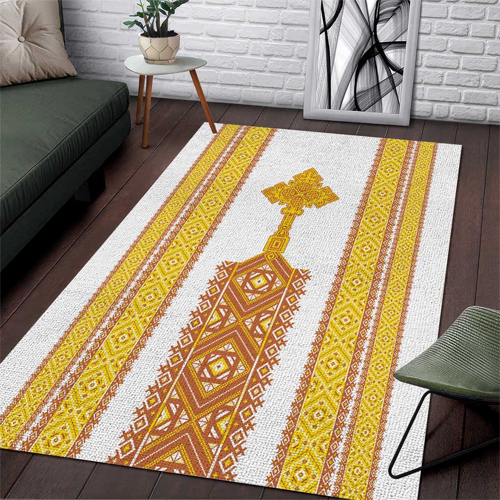 Habesha Motifs Ethiopia Area Rug Tilet White Gold