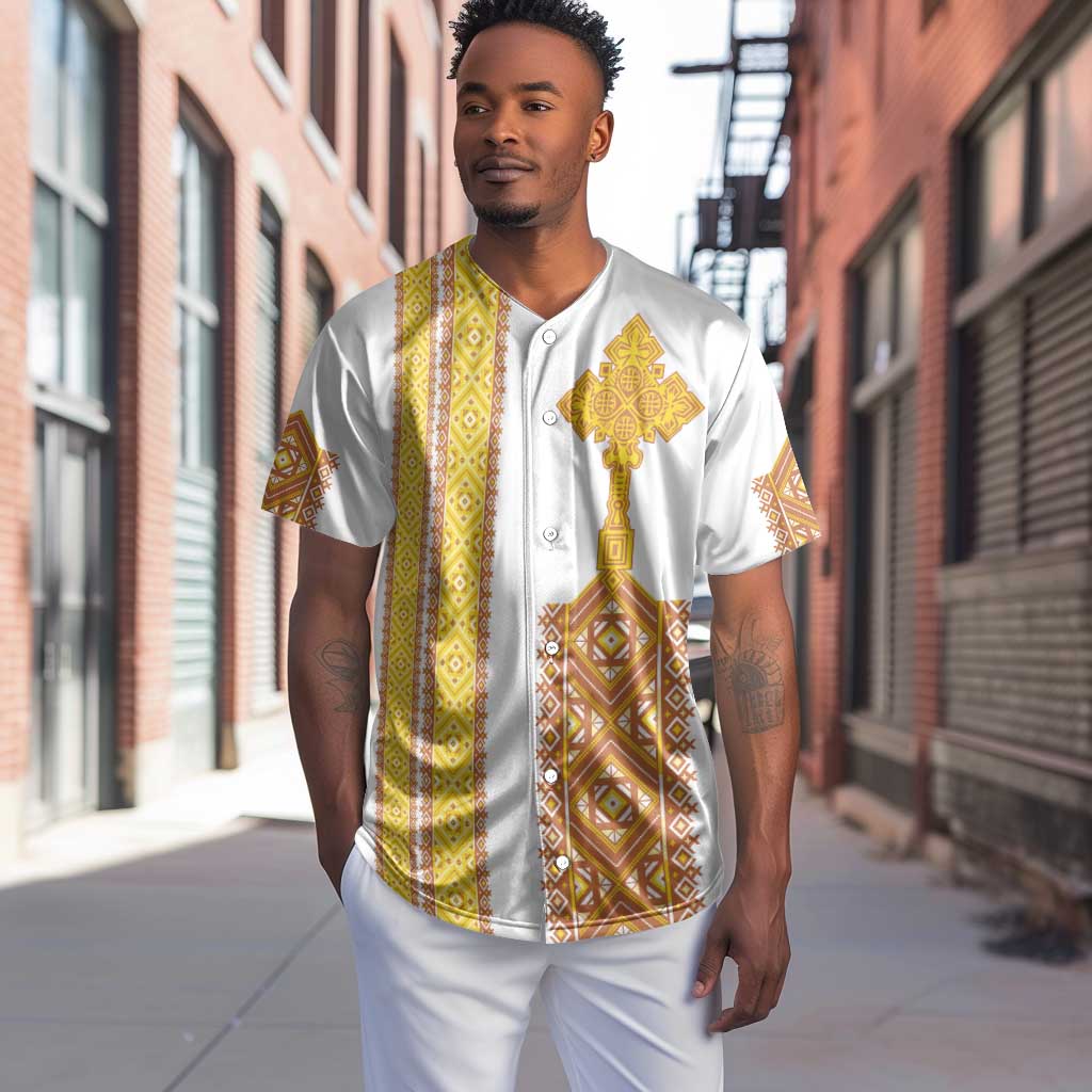 Habesha Motifs Ethiopia Baseball Jersey Tilet White Gold