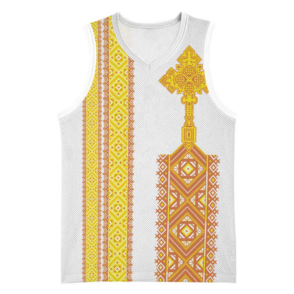 Habesha Motifs Ethiopia Basketball Jersey Tilet White Gold - African Pride