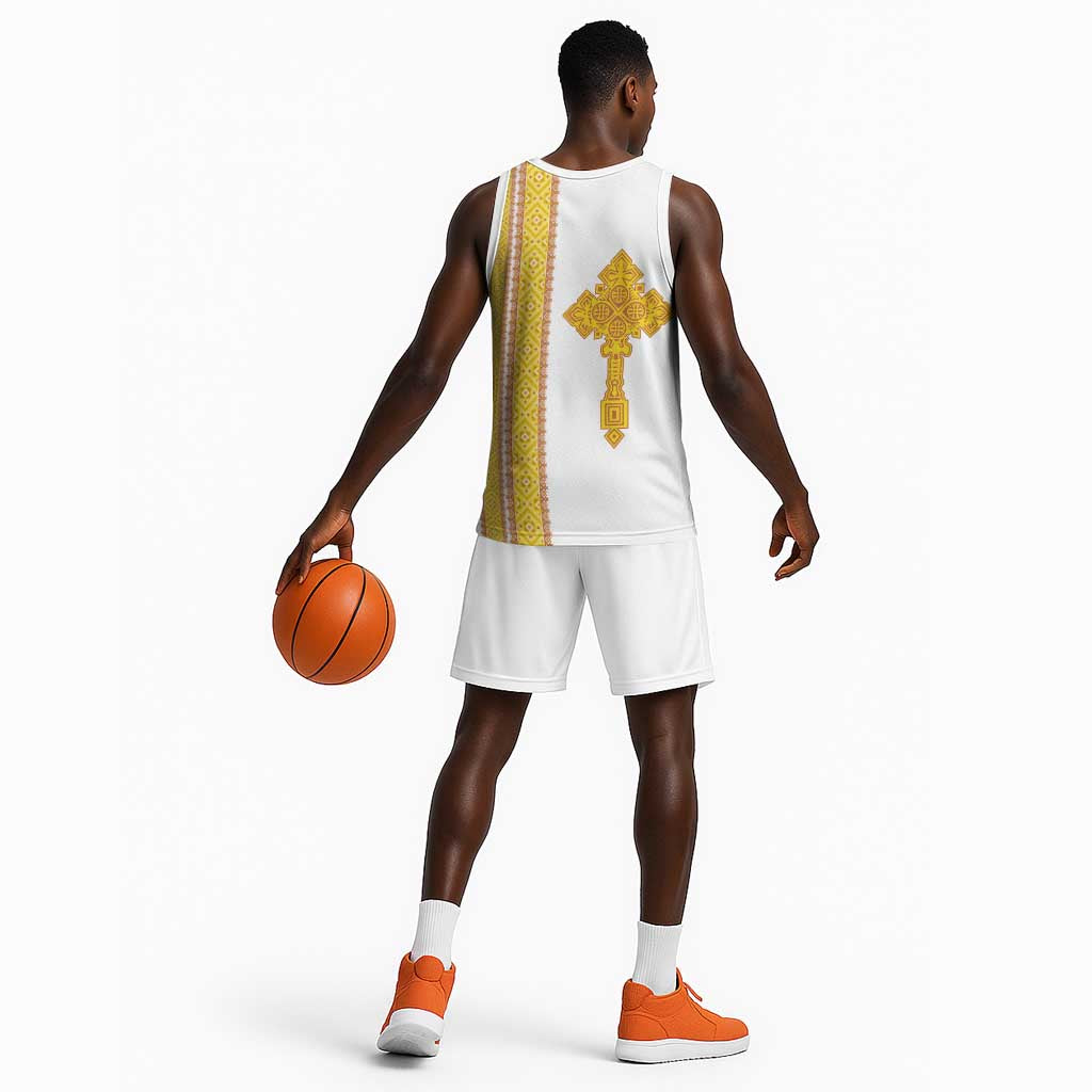 Habesha Motifs Ethiopia Basketball Jersey Tilet White Gold - African Pride