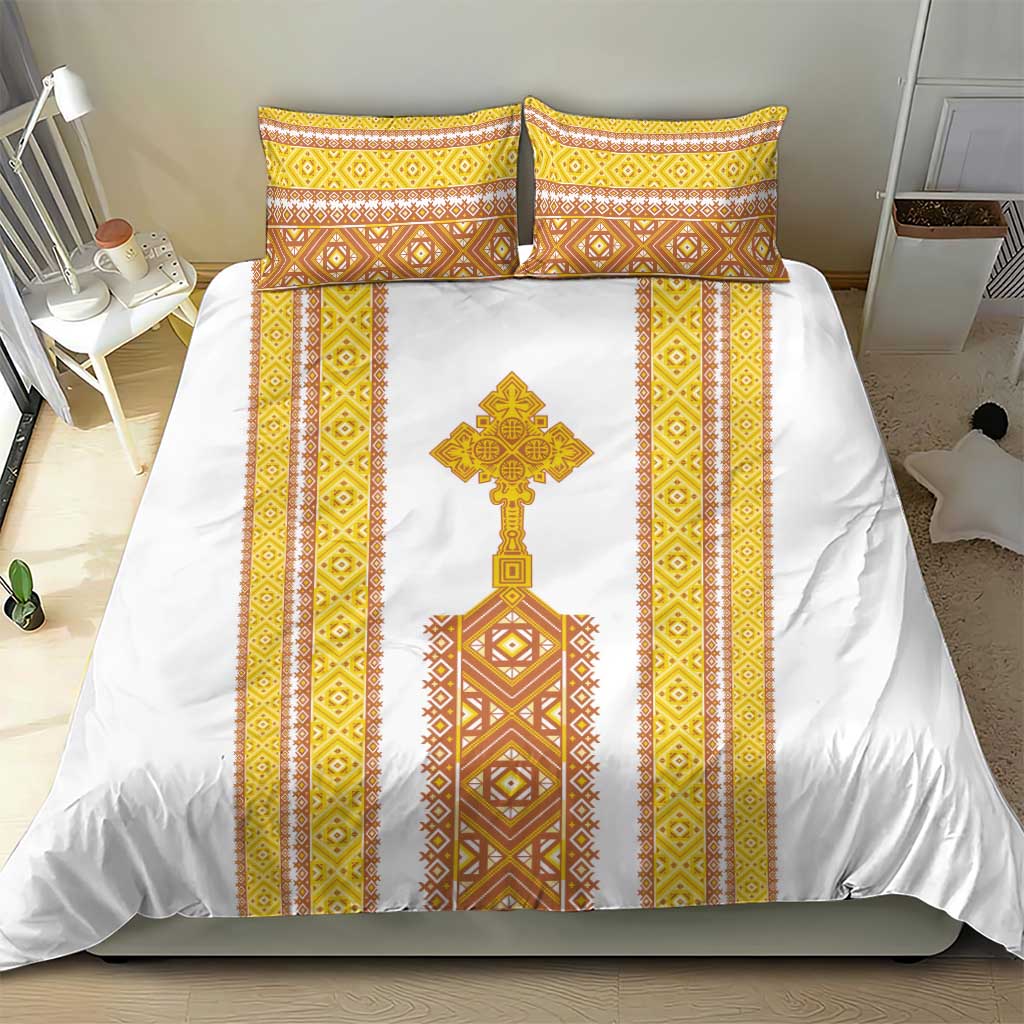 Habesha Motifs Ethiopia Bedding Set Tilet White Gold