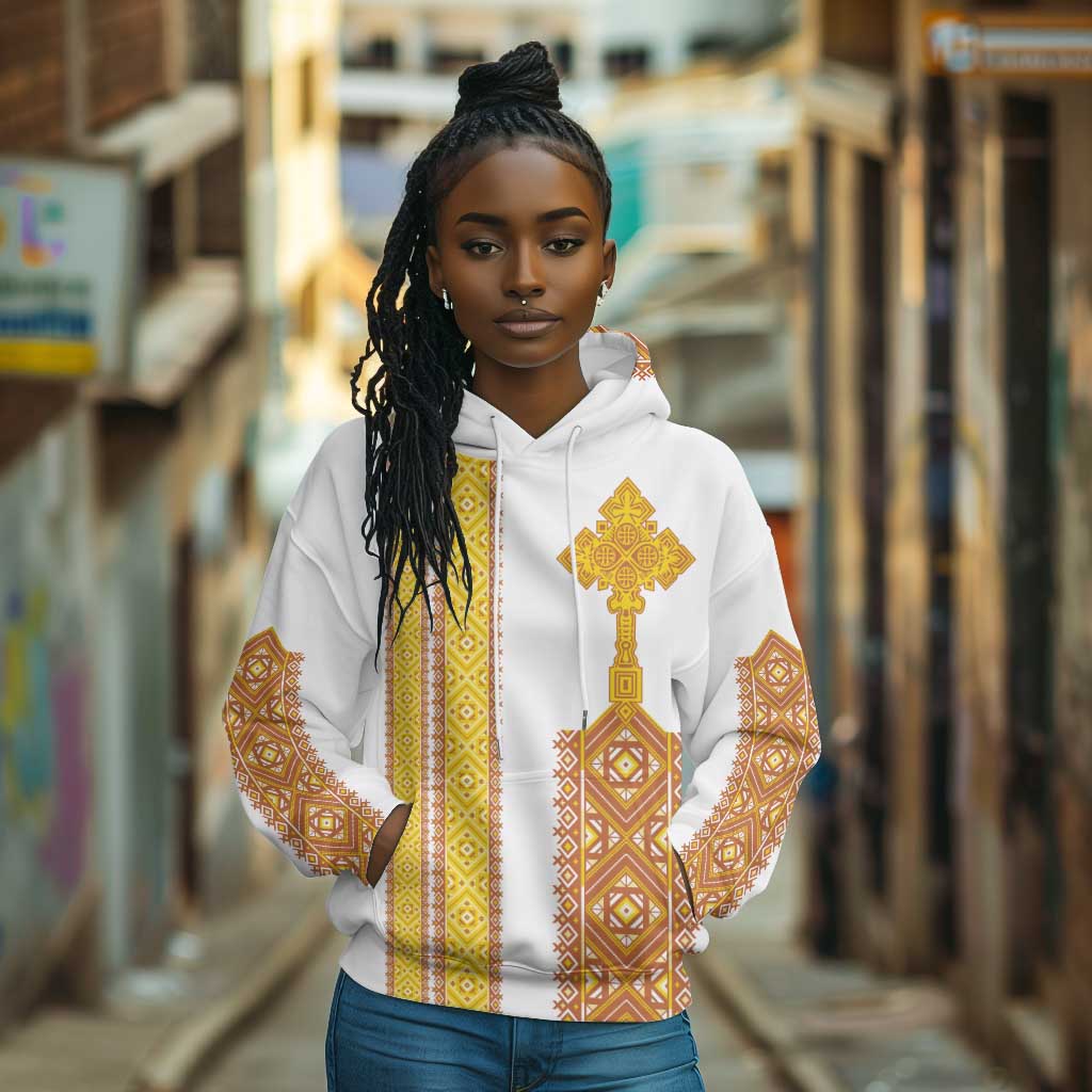 Habesha Motifs Ethiopia Hoodie Tilet White Gold