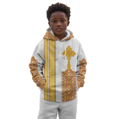 Habesha Motifs Ethiopia Kid Hoodie Tilet White Gold