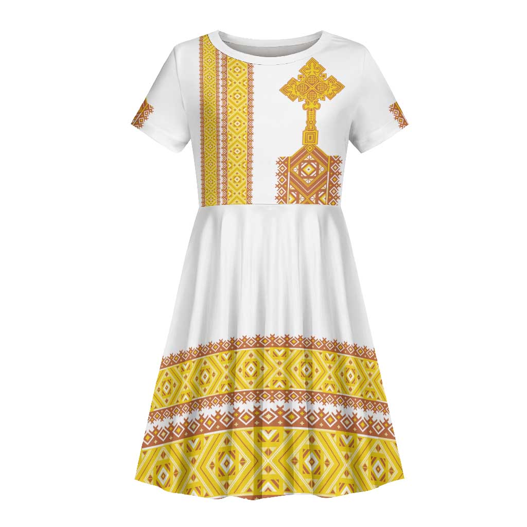 Habesha Motifs Ethiopia Kid Short Sleeve Dress Tilet White Gold
