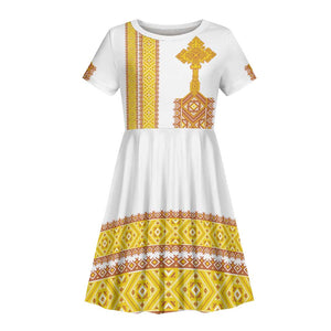 Habesha Motifs Ethiopia Kid Short Sleeve Dress Tilet White Gold