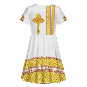 Habesha Motifs Ethiopia Kid Short Sleeve Dress Tilet White Gold
