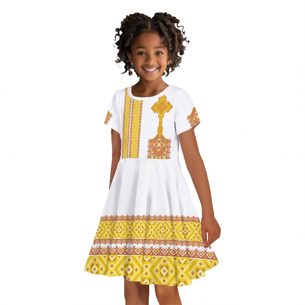 Habesha Motifs Ethiopia Kid Short Sleeve Dress Tilet White Gold