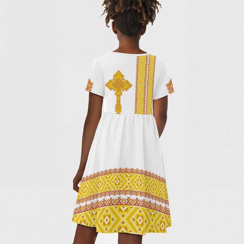 Habesha Motifs Ethiopia Kid Short Sleeve Dress Tilet White Gold