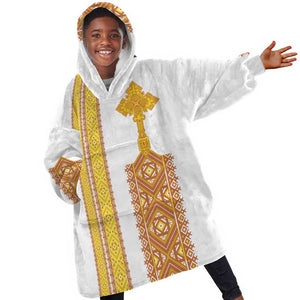 Habesha Motifs Ethiopia Kid Wearable Blanket Hoodie Tilet White Gold