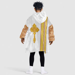 Habesha Motifs Ethiopia Kid Wearable Blanket Hoodie Tilet White Gold