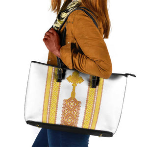 Habesha Motifs Ethiopia Leather Tote Bag Tilet White Gold