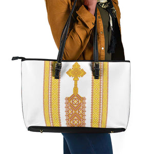 Habesha Motifs Ethiopia Leather Tote Bag Tilet White Gold