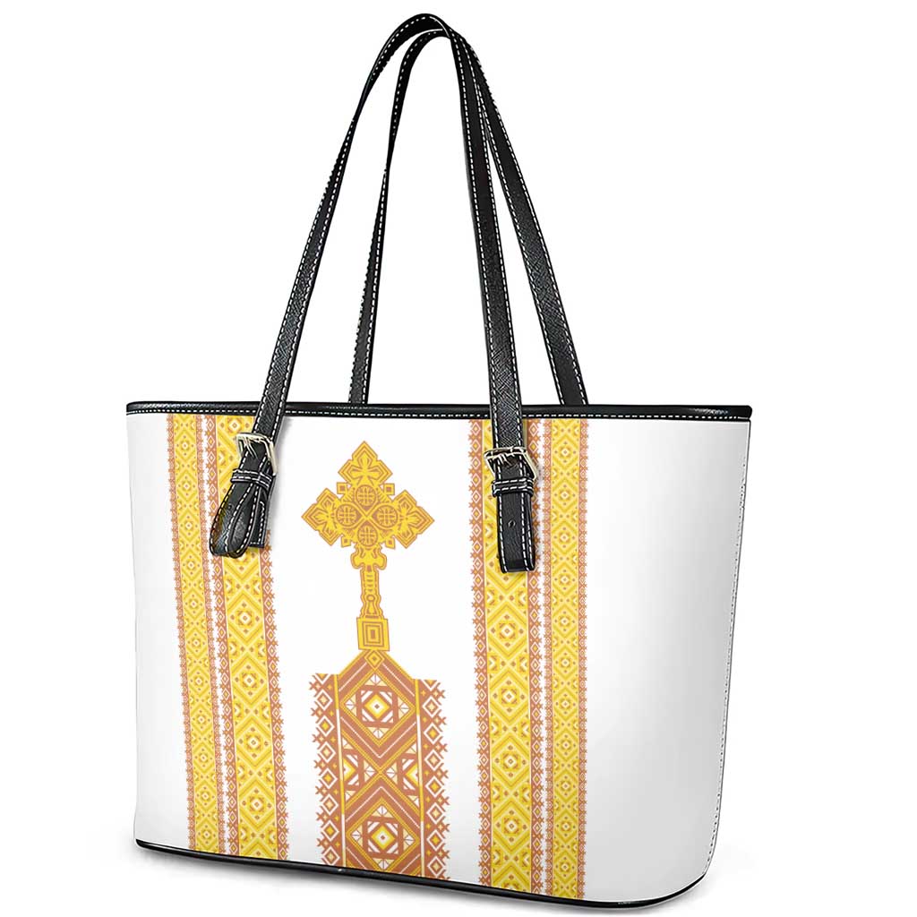 Habesha Motifs Ethiopia Leather Tote Bag Tilet White Gold