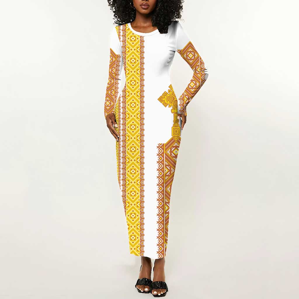 Habesha Motifs Ethiopia Long Sleeve Bodycon Dress Tilet White Gold LT7