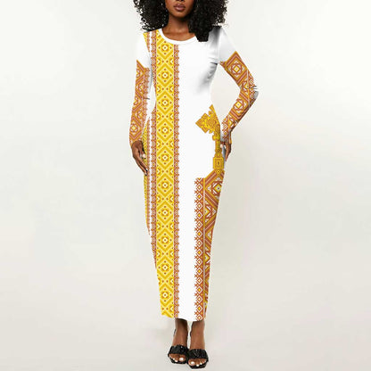 Habesha Motifs Ethiopia Long Sleeve Bodycon Dress Tilet White Gold LT7
