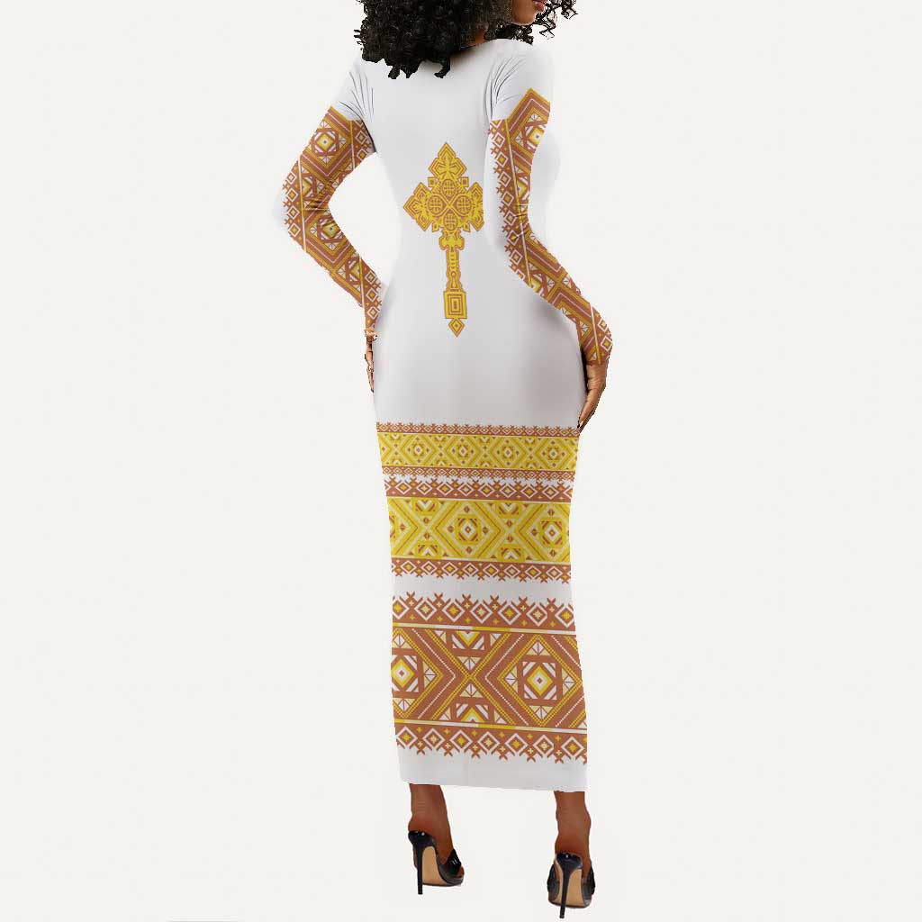 Habesha Motifs Ethiopia Long Sleeve Bodycon Dress Tilet White Gold LT7