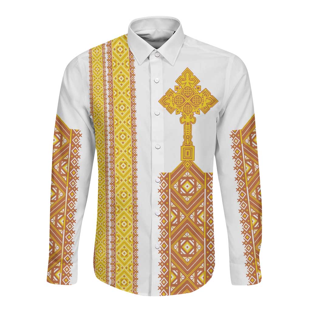 Habesha Motifs Ethiopia Long Sleeve Button Shirt Tilet White Gold