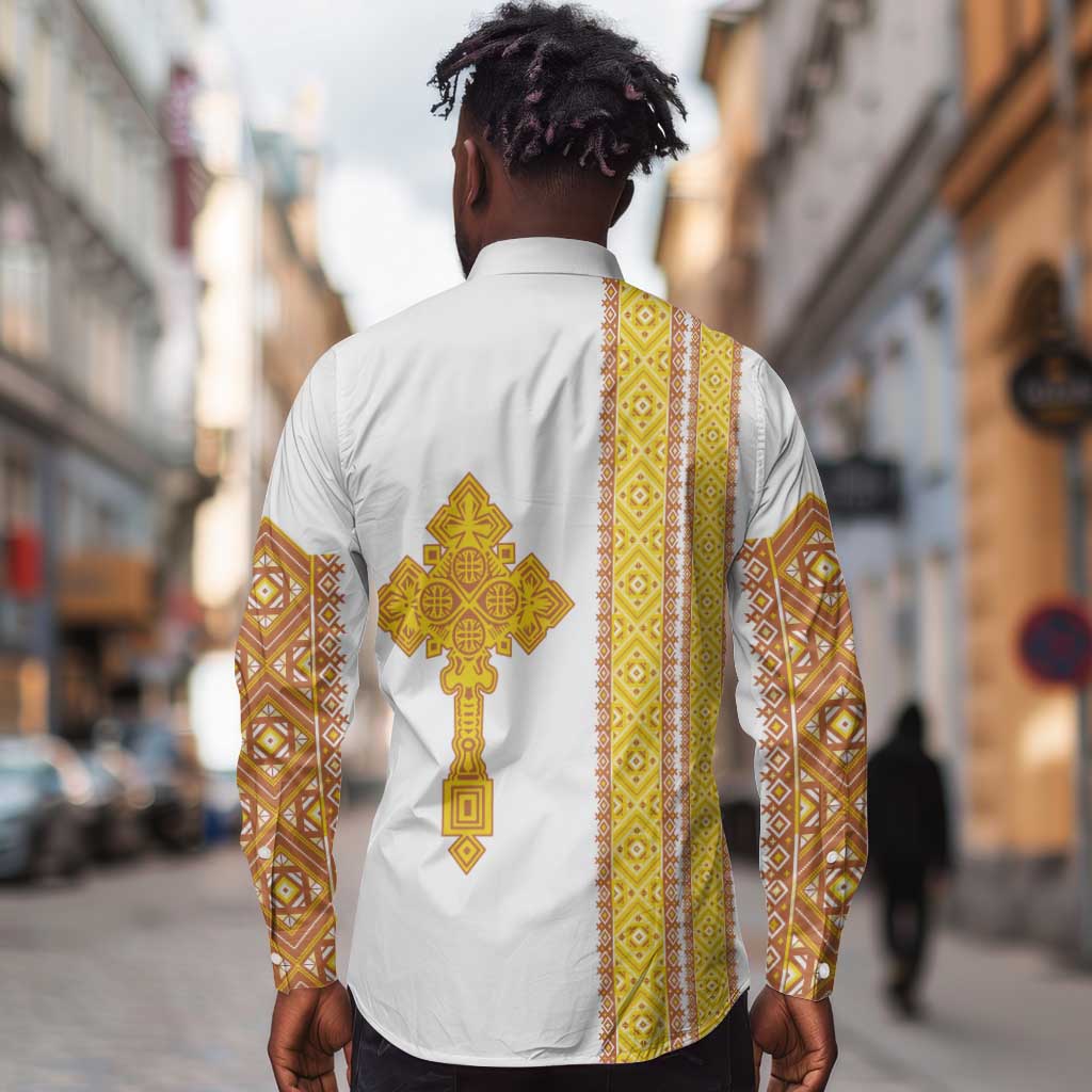 Habesha Motifs Ethiopia Long Sleeve Button Shirt Tilet White Gold