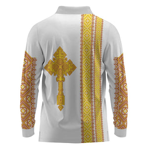 Habesha Motifs Ethiopia Long Sleeve Polo Shirt Tilet White Gold