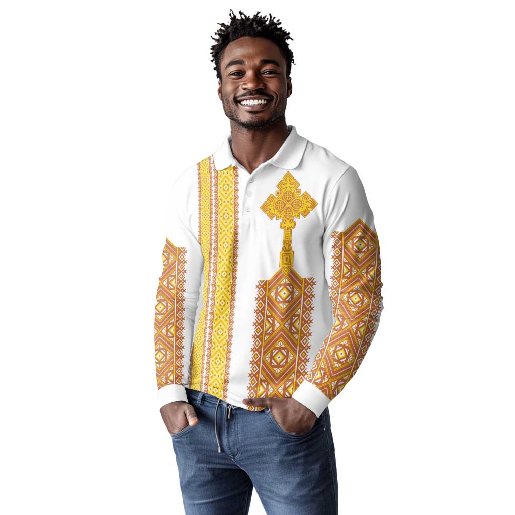Habesha Motifs Ethiopia Long Sleeve Polo Shirt Tilet White Gold
