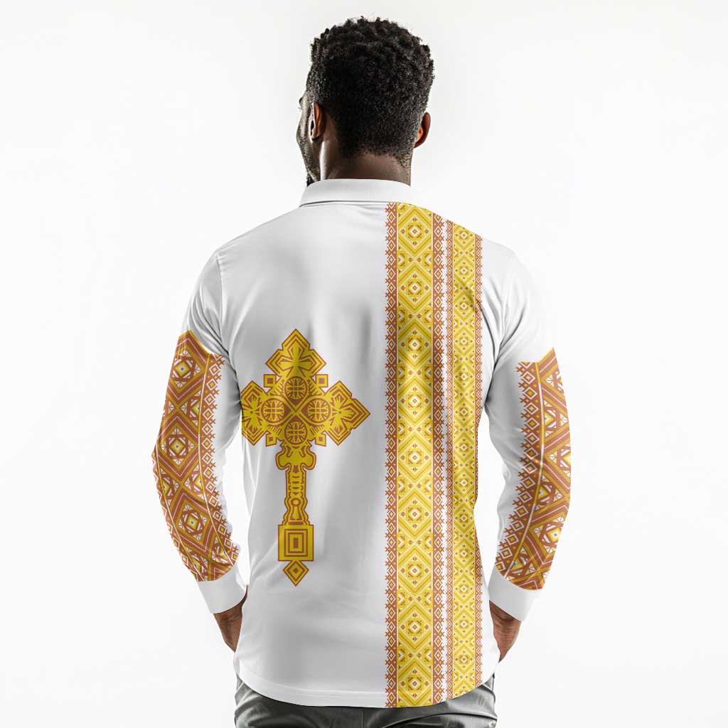 Habesha Motifs Ethiopia Long Sleeve Polo Shirt Tilet White Gold