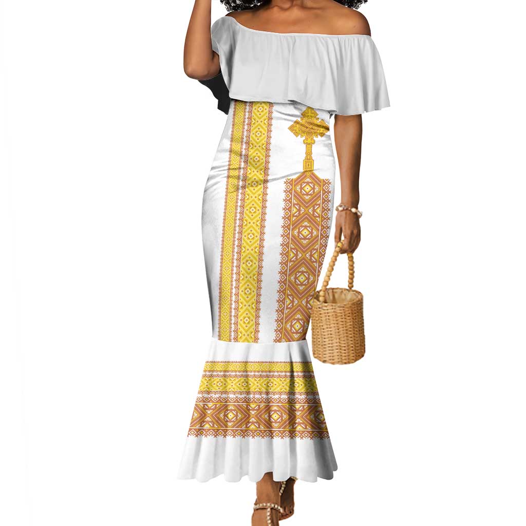 Habesha Motifs Ethiopia Mermaid Dress Tilet White Gold